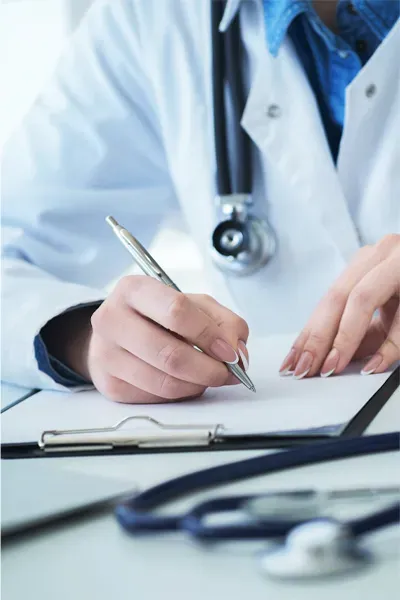 Close up of a doctor in a white coat writing notes on a notepad. Advanced diagnostic testing offered by Blue Skye Health and Wellness in Tampa.