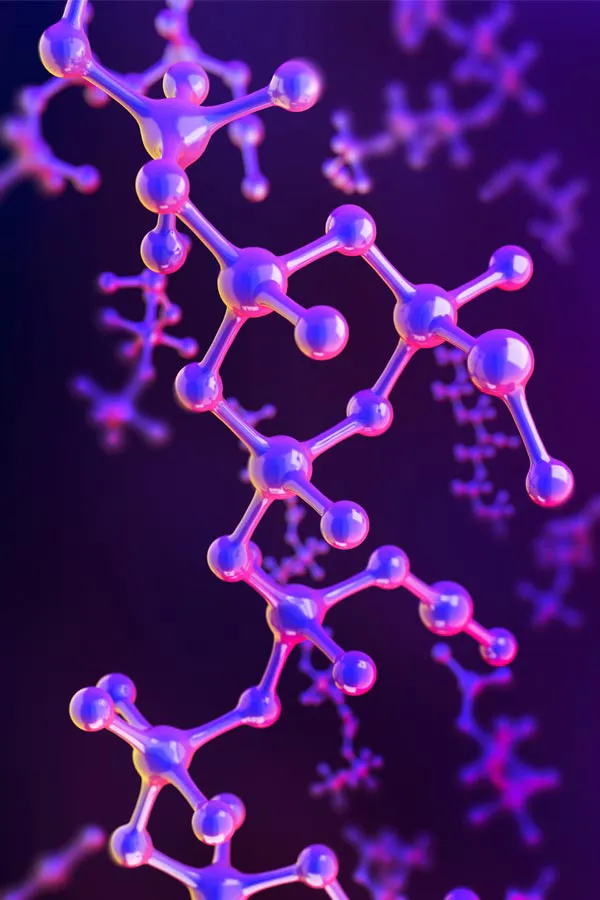 A 3D illustration of molecules in purple hues, representing hormone pellet treatments from Blue Skye Health and Wellness in Tampa.