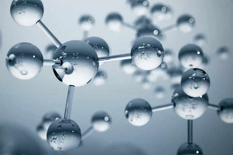A 3D illustration of blue-gray toned water molecules, representing peptide therapy from Blue Skye Health and Wellness in Tampa.